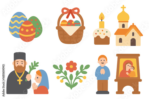 Orthodox Easter Icons. Flat vector mini-illustrations Orthodox Easter in colors children's illustrations: painted eggs, Easter
