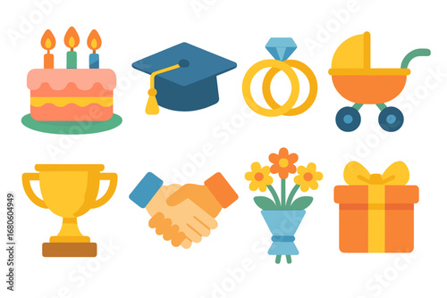 Special Moments Icons. Flat vector mini-illustrations special moments in colors children's illustrations: birthday cake,