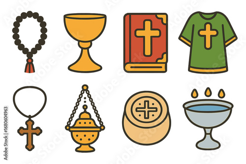 Orthodox Religious Icons. Flat vector mini-illustrations Orthodox religious items in colors children's illustrations: prayer rope,