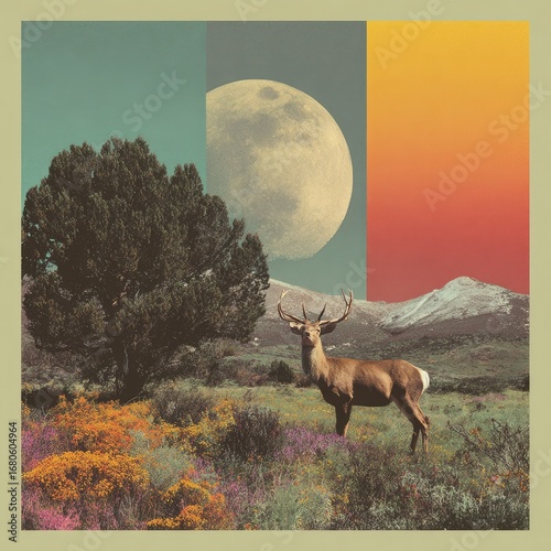 A deer stands in a field, with a full moon, mountains, and a tree.  A vibrant, surrealist collage