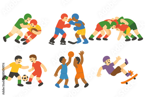 Sports Action Icons. Flat vector mini-illustrations sports collisions in colors children's illustrations: football tackle, hockey
