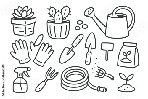 Outdoor Gardening Doodles. Hand-drawn doodle illustration Outdoor concrete planters and gardening concrete pot, succulent, cactus,