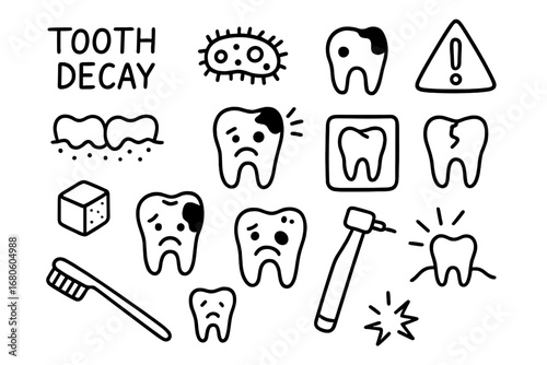 Tooth Decay Doodles. Hand-drawn doodle illustration tooth decay cavity, decayed tooth, bacteria, plaque, sugar cube, sad tooth,