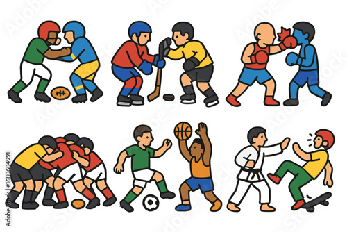 Sports Action Icons. Flat vector mini-illustrations sports collisions in colors children's illustrations: football tackle, hockey