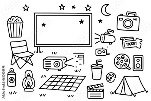 Outdoor Movie Night Icons. Hand-drawn doodle illustration nighttime movie screening movie screen, starry sky, projector, popcorn