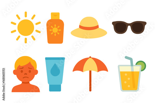 Summer Essentials Icons. Flat vector mini-illustrations sunburn in colors children's illustrations: sun with rays, sunscreen
