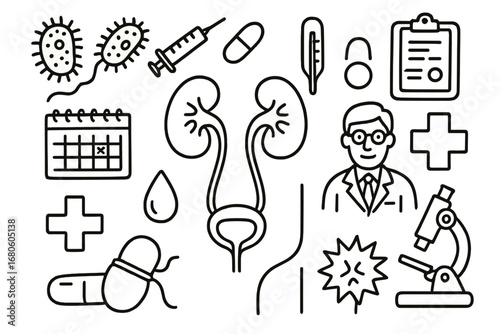 Urinary Tract Doodle Icons. Hand-drawn doodle illustration urinary tract infection bacteria, kidneys, ureters, bladder, urethra,