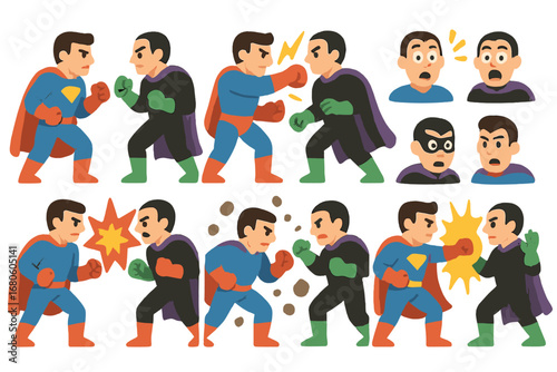 Superhero Showdown Icons. Flat vector mini-illustrations superhero conflict in colors children's illustrations: hero vs villain,