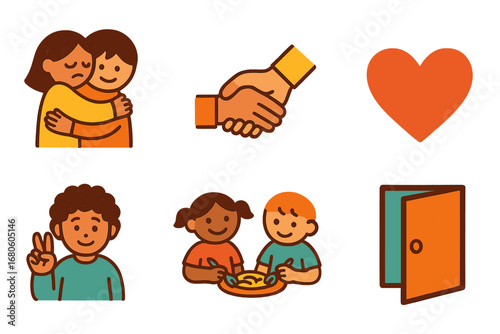 Supportive Icons for Kids. Flat vector mini-illustrations regret and support in colors children's illustrations: comforting hug,
