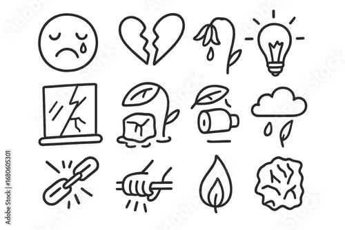 Symbols of Emotional Fragility. Hand-drawn doodle illustration emotional weakness sad face, tear drop, broken heart, wilting