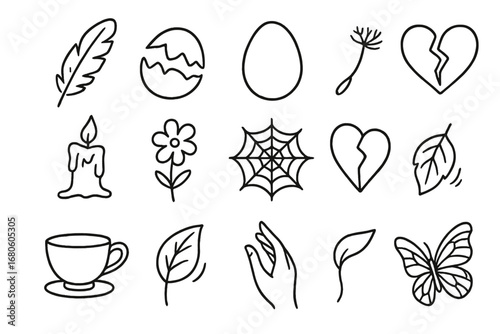 Symbols of Fragility. Hand-drawn doodle illustration softness and fragility feather, cracked shell, fragile egg, dandelion seed,