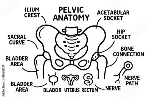 Pelvic Anatomy Illustration. Hand-drawn doodle illustration pelvic anatomy pelvis structure, ilium crest, pubic bone, ischial