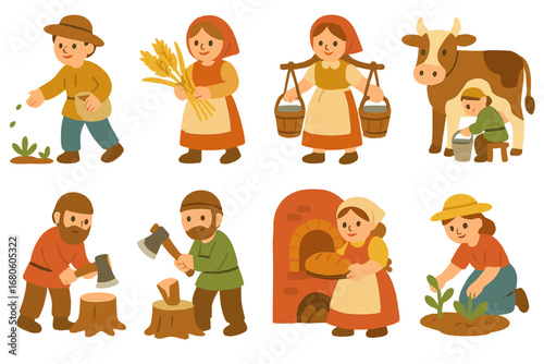 Peasant Activities Icons. Flat vector mini-illustrations peasant activities in colors children's illustrations: sowing seeds,