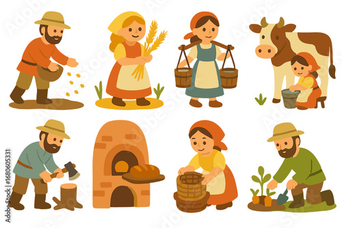 Peasant Activities Icons. Flat vector mini-illustrations peasant activities in colors children's illustrations: sowing seeds,