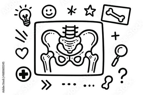 Pelvis X-Ray Doodle. Hand-drawn doodle illustration pelvis x-ray pelvis silhouette, bone scan, joint outlines, dense tissue, hip