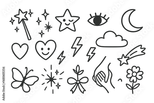 Whimsical Doodle Embrace. Hand-drawn doodle illustration winking magic wand, star, sparkle, wink eye, moon, cloud, lightning bolt,