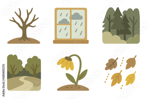 Whimsical Nature Scenes. Flat vector mini-illustrations despair in nature in colors children's illustrations: barren tree, rainy