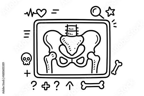 Pelvis X-Ray Doodle. Hand-drawn doodle illustration pelvis x-ray pelvis silhouette, bone scan, joint outlines, dense tissue, hip