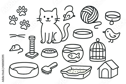 Pet Cat Essentials. Hand-drawn doodle illustration family pet cat, mouse toy, scratching post, yarn ball, food bowl, fish bowl,