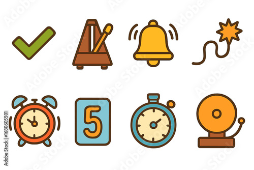 Tactile Ticking Icons. Flat vector mini-illustrations ticking sound effects in colors children's illustrations: tick marks,