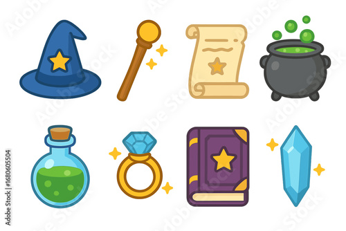 Wizard Tools Icons. Flat vector mini-illustrations wizard tools in colors children's illustrations: wizard hat, staff, spell