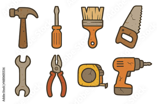 Worn Tools Collection. Flat vector mini-illustrations worn tools in colors children's illustrations: rusty hammer, worn