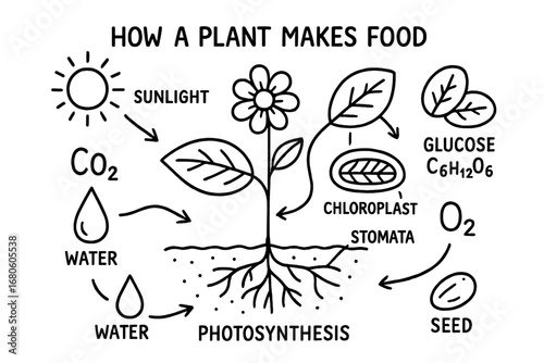 Photosynthesis Process Doodle. Hand-drawn doodle illustration How a plant makes food leaf, sunlight, water droplet, roots, stem,