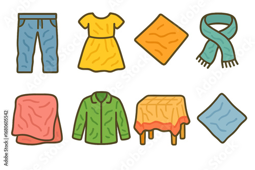 Wrinkled Fabric Icons. Flat vector mini-illustrations fabric wrinkles in colors children's illustrations: wrinkled pants, wrinkled