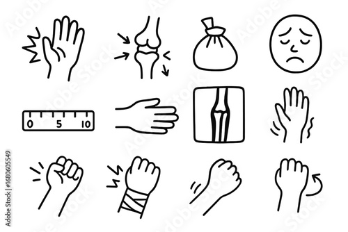 Wrist Pain Iconography. Hand-drawn doodle illustration wrist pain pain icon, inflamed joint, sore wrist, lightning symbol, aching