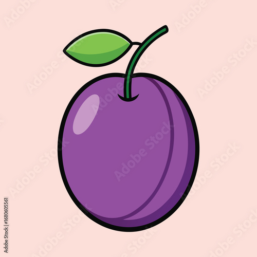 Illustration of a perfectly round plum with a leaf and stem