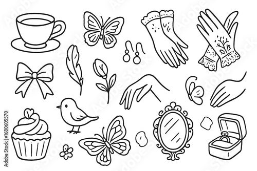 Tender Moments Icons. Hand-drawn doodle illustration tender moments teacup, butterfly, pearl earrings, lace gloves, ribbon bow,