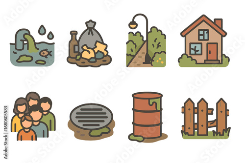 Plague-Theme Children's Icons. Flat vector mini-illustrations plague and environment in colors children's illustrations: dirty