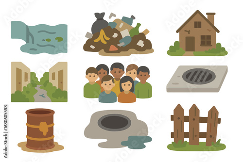 Plague-Theme Children's Icons. Flat vector mini-illustrations plague and environment in colors children's illustrations: dirty