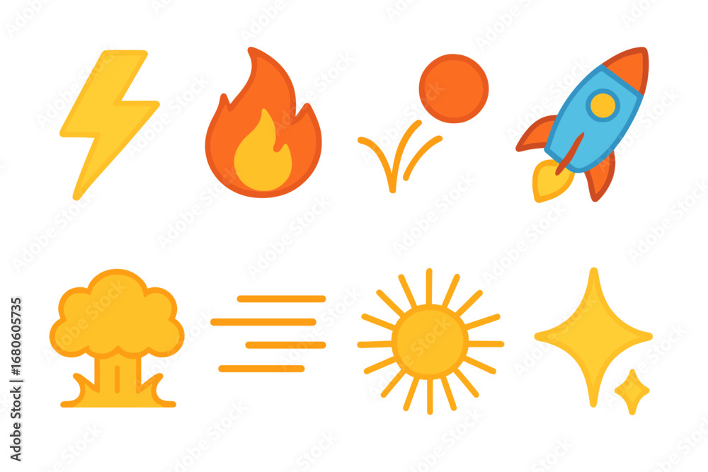 Fototapeta premium Playful Energy Icons. Flat vector mini-illustrations energy in colors children's illustrations: lightning bolt, flame, bouncing