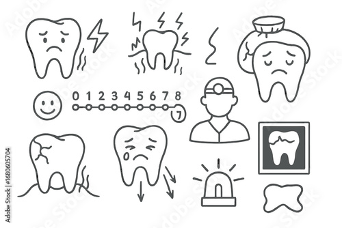 Toothache Cartoon Icons. Hand-drawn doodle illustration toothache sad tooth, pain symbol, inflamed gum, throbbing lines, cracked