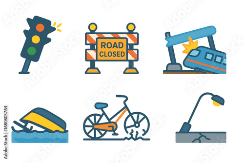 Transport Chaos Icons. Flat vector mini-illustrations wreck and transportation in colors children's illustrations: broken traffic