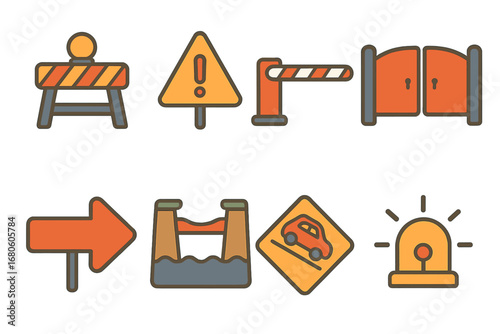 Playful Roadblock Icons. Flat vector mini-illustrations ruined plans and obstacles in colors children's illustrations: roadblock,
