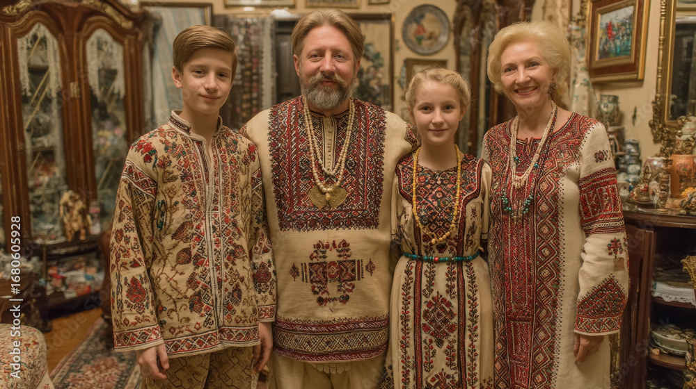 Naklejka premium Family dressed in traditional Ukrainian embroidered clothing in a cozy home setting