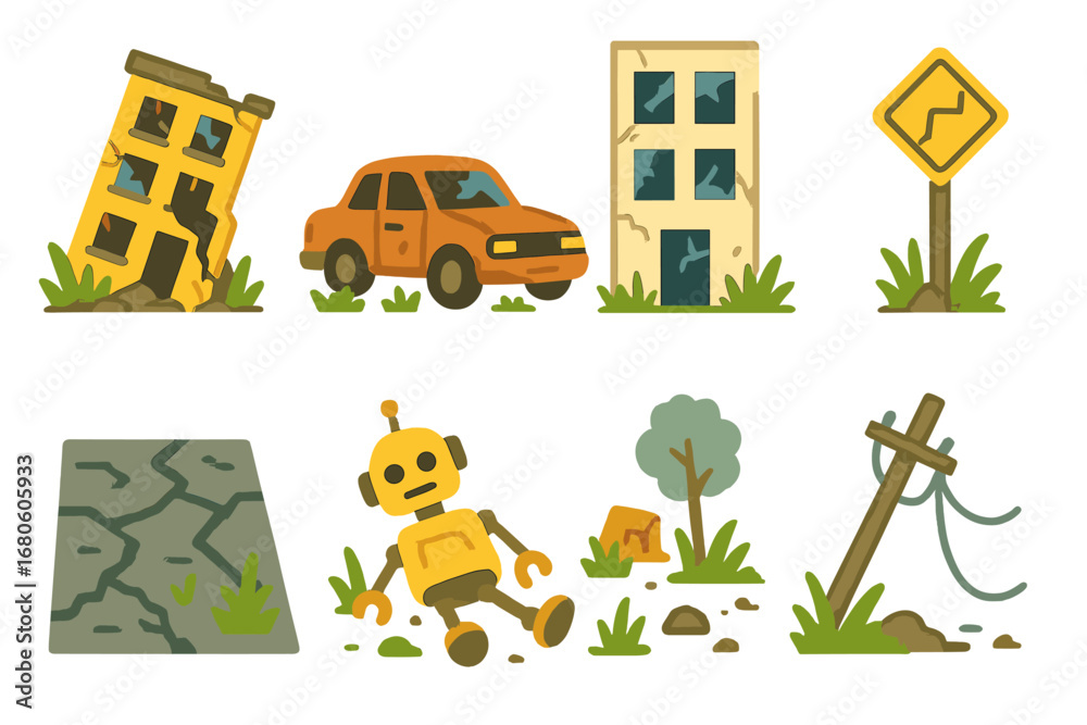 Fototapeta premium Post-Apocalyptic Icons. Flat vector mini-illustrations post-apocalyptic ruins in colors children's illustrations: collapsed