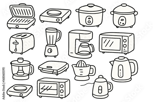 Portable Appliance Doodles. Hand-drawn doodle illustration Portable cooking appliances electric grill, portable stove, slow cooker