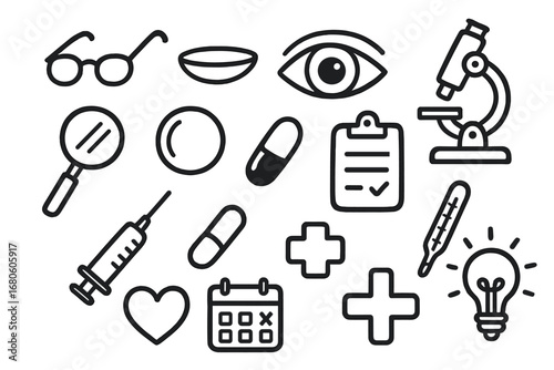 Vision Correction Doodles. Hand-drawn doodle illustration lens vision correction glasses, contact lens, lens, eye, pupil, iris,
