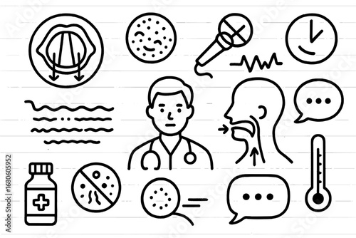 Vocal Cord Inflammation Icons. Hand-drawn doodle illustration vocal cord inflammation vocal cords, redness icon, swelling arrows,