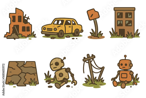 Post-Apocalyptic Icons. Flat vector mini-illustrations post-apocalyptic ruins in colors children's illustrations: collapsed