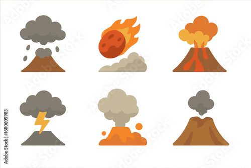 Volcanic Eruption Icons. Flat vector mini-illustrations eruption effects in colors children's illustrations: ash fall, lava bomb,