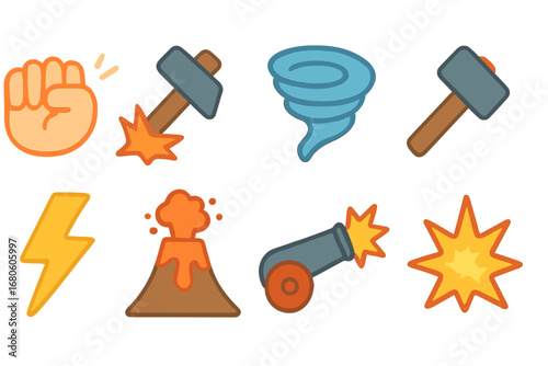Power Icons Grid. Flat vector mini-illustrations power and force in colors children's illustrations: clenched fist, hammer strike,