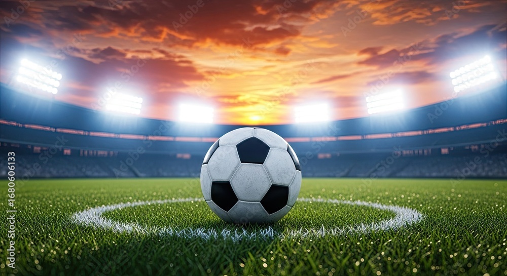 Fototapeta premium Photo of a soccer ball sits on the center spot of a vibrant green soccer field, illuminated by stadium lights under a colorful sunset sky