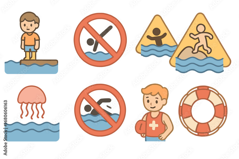 Fototapeta premium Water Safety Icons. Flat vector mini-illustrations water safety danger signs in colors children's illustrations: deep water, no