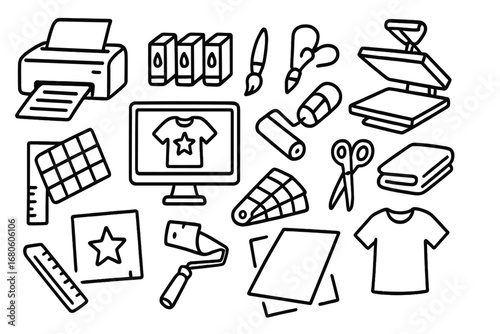 Printmaking Essentials Icons. Hand-drawn doodle illustration printmaking and customization printer, ink cartridges, paintbrush,