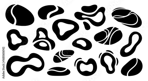 A collection of various black abstract organic and fluid shapes. Modern minimalist vector icons and design elements isolated on a white background.