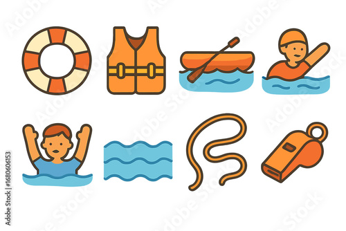 Water Rescue Icons. Flat vector mini-illustrations rescue in water in colors children's illustrations: lifebuoy, life jacket,
